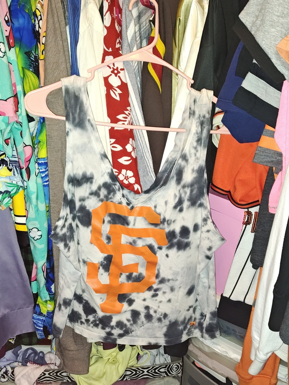 PINK Victoria's Secret Black & White Tie-Dye Tank with Orange SF Logo